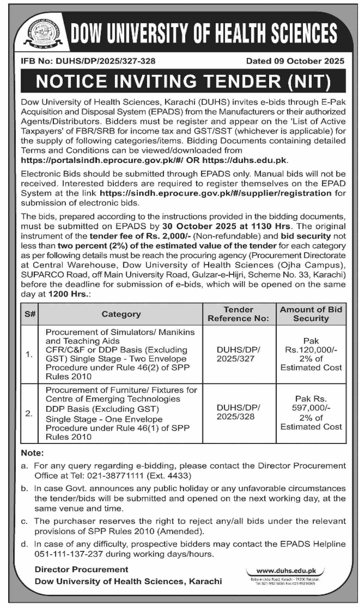 Dow University of Health Sciences Tender Notice